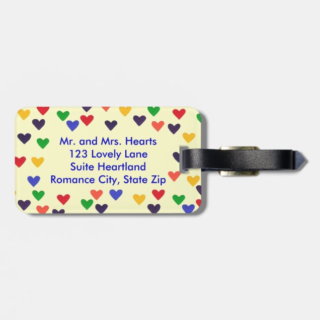 Colourful Rainbow Hearts Personalised Luggage Tags (Back Horizontal)