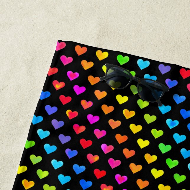Colourful Rainbow Hearts Stripe Pattern Beach Towel (In Situ)