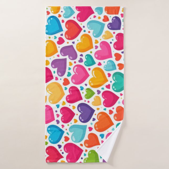Colourful rainbow hearts Valentines Bath Towel (Bath Towel)