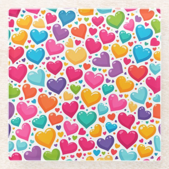 Colourful rainbow hearts Valentines Glass Coaster (Front)