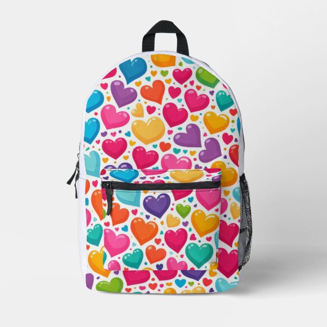 Colourful rainbow hearts Valentines Printed Backpack (Front)