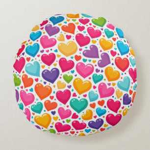 Colourful rainbow hearts Valentines Round Cushion