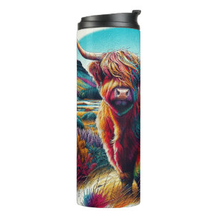 Colourful rainbow high land cow illustration thermal tumbler