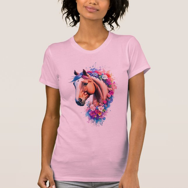 Colourful Rainbow Horse Bust Wildflower Watercolor T-Shirt (Front)