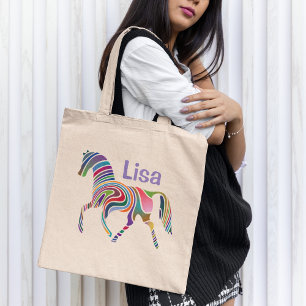Colourful Rainbow Horse Monogram Tote Bag
