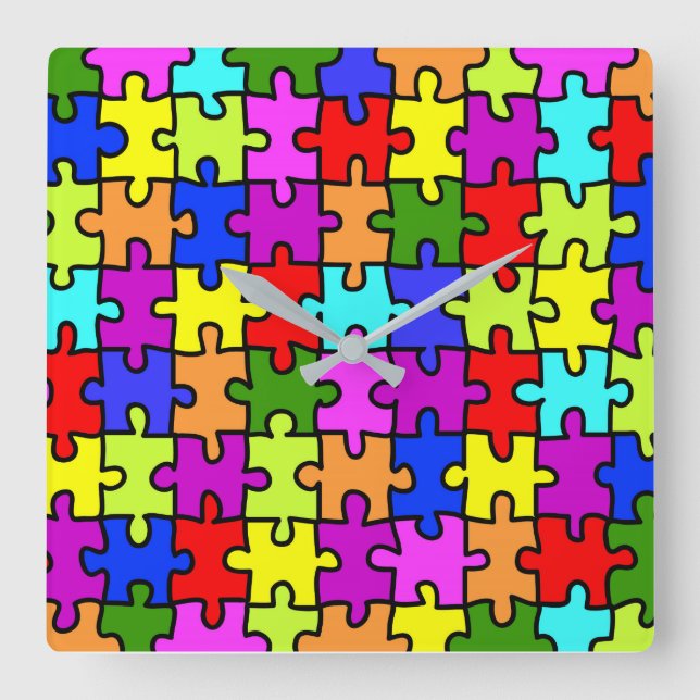 Colourful rainbow jigsaw puzzle pattern square wall clock (Front)