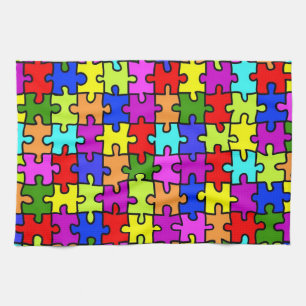 Colourful rainbow jigsaw puzzle pattern tea towel