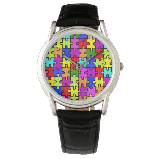 Colourful rainbow jigsaw puzzle pattern watch (Front)