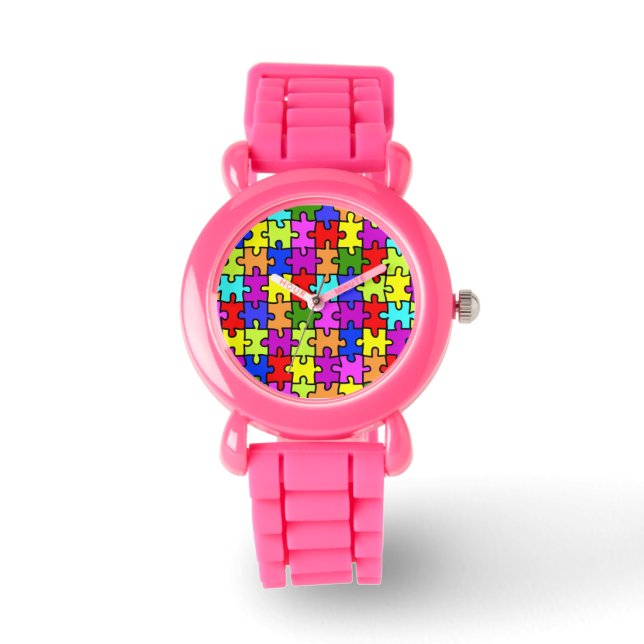 Colourful rainbow jigsaw puzzle pattern watch (Front)