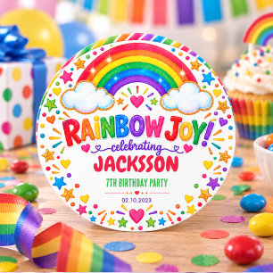 Colourful Rainbow Joy 7th Birthday boy Party Classic Round Sticker
