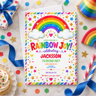 Colourful Rainbow Joy 7th Birthday boy Party Invitation