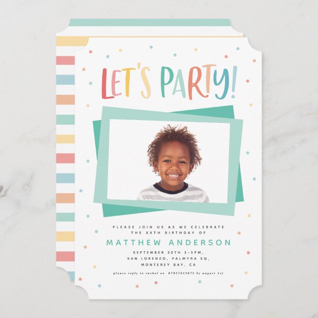 Colourful rainbow lets party birthday photo invite (Front/Back)