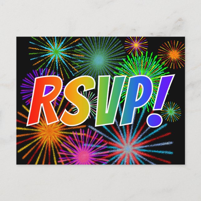 Colourful Rainbow Letters "RSVP!", Firework Patter Postcard (Front)