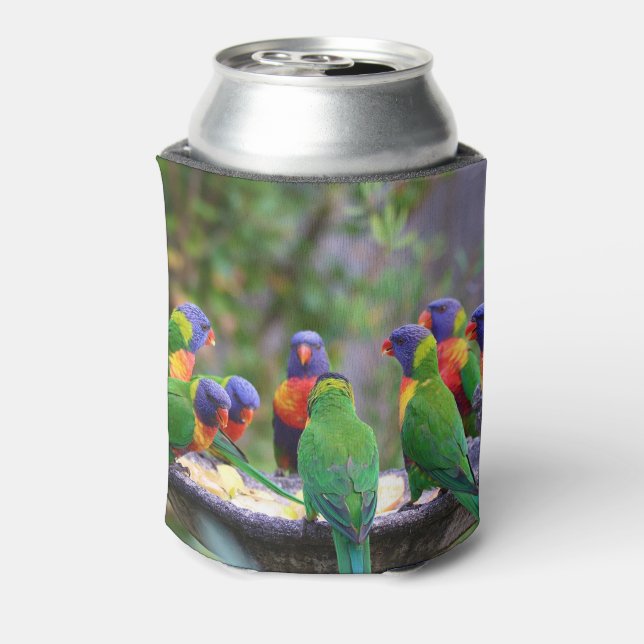 Colourful Rainbow Lorikeet Parrots Eating Can Cooler (Can Back)