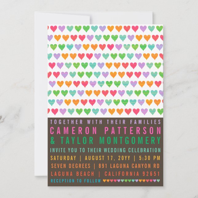 Colourful Rainbow Love Hearts Modern Summer Weddin Invitation (Front)