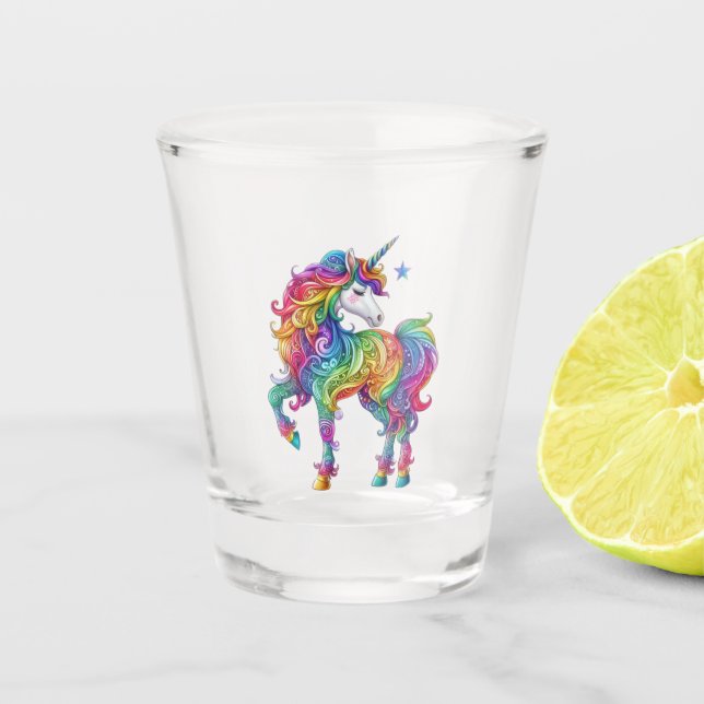 Colourful rainbow magical unicorn shot glass (Front)