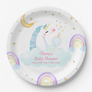 Colourful Rainbow Moon Star Unicorn Baby Shower Paper Plate