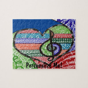 Colourful Rainbow Music Heart Doodle Personalised Jigsaw Puzzle