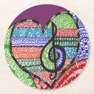 Colourful Rainbow Music Heart Doodle Personalised Round Paper Coaster