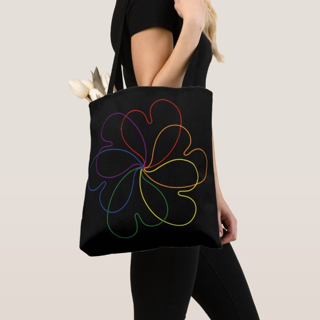 Colourful Rainbow on Black Chic heartS flower Tote Bag (Close Up)