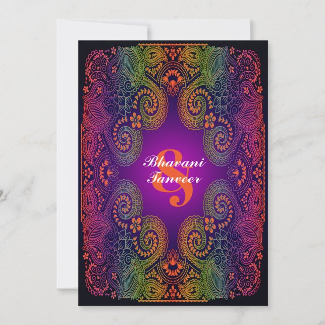 Colourful Rainbow Paisley Wedding Invitation 2 (Front)