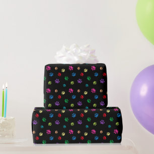 Colourful Rainbow Paw Prints on Black Wrapping Paper