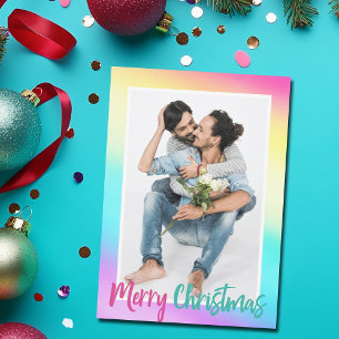Colourful Rainbow Photo Gay Pride Couple Christmas Holiday Card