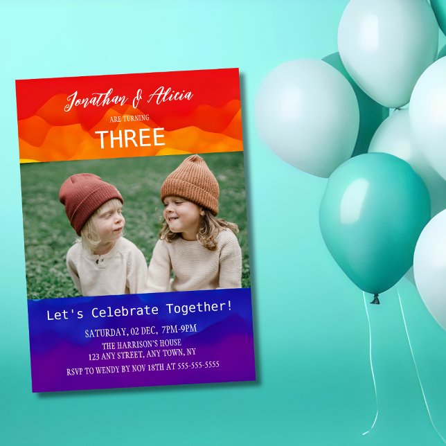 Colourful Rainbow Photo Kids Joint Birthday  Invitation (Creator Uploaded)