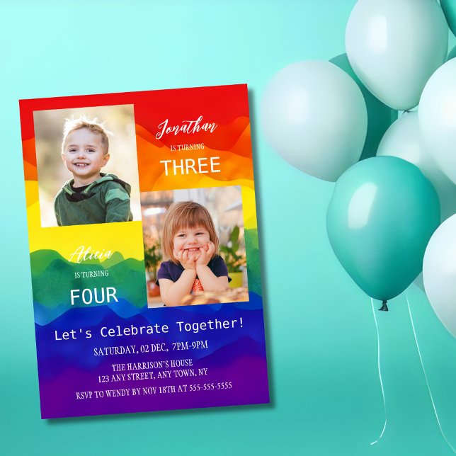 Colourful Rainbow Photo Together Joint Birthday  Invitation (Creator Uploaded)