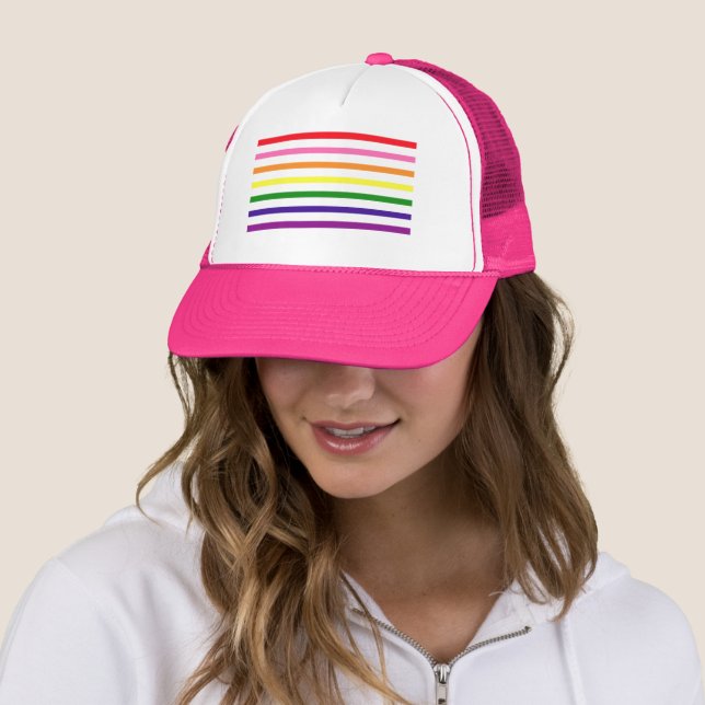 Colourful Rainbow Pinstripe Hot Pink Trucker Hat (In Situ)