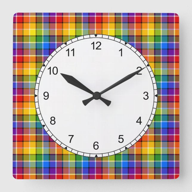Colourful Rainbow Plaid Pattern Square Wall Clock (Front)