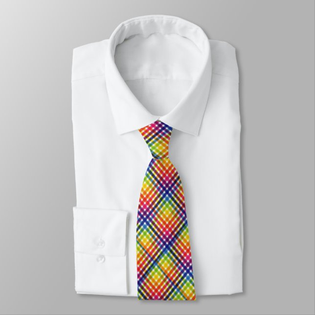 Colourful Rainbow Plaid Tie (Tied)