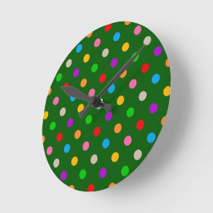 Colourful Rainbow Polka Dots Green  Round Clock