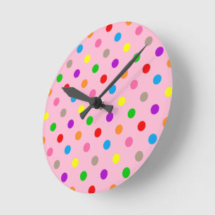 Colourful Rainbow Polka Dots Pink  Round Clock