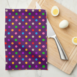 Colourful Rainbow Polka Dots Purple Tea Towel