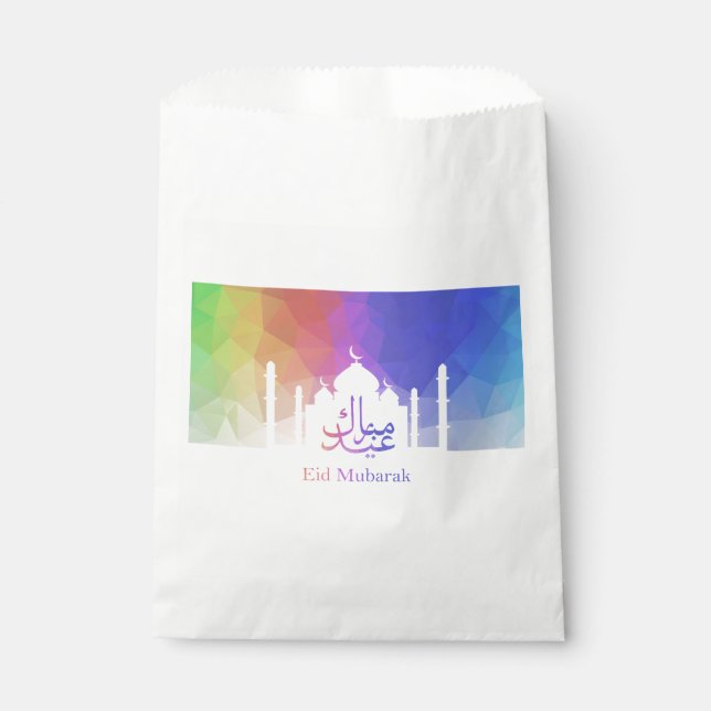 Colourful Rainbow Polygonal Eid Mubarak Mosque Favour Bags (Front)