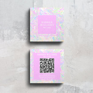 Colourful Rainbow QR Code Liquid Modern Girly  Square Business Card