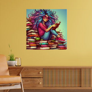 Colourful Rainbow Reading Books Girl Wall Poster