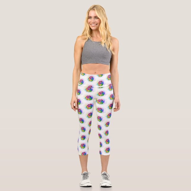 Colourful Rainbow Rose Capri Leggings (Front)