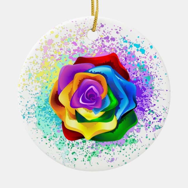 Colourful Rainbow Rose Ceramic Tree Decoration (Front)