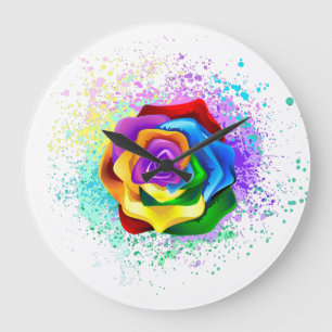 Colourful Rainbow Rose Large Clock