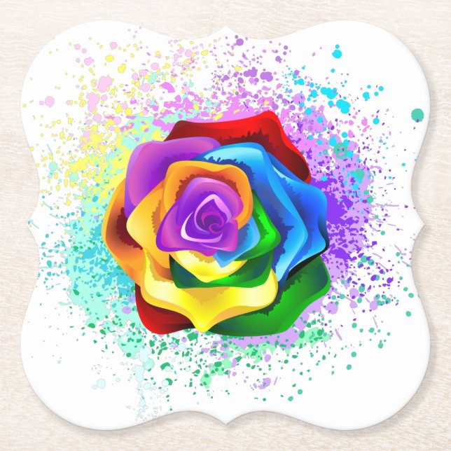 Colourful Rainbow Rose Paper Coaster (Front)