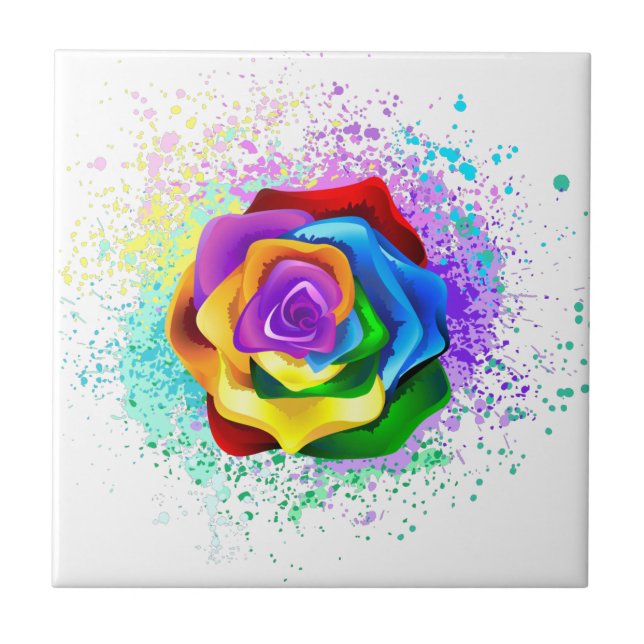 Colourful Rainbow Rose Tile (Front)