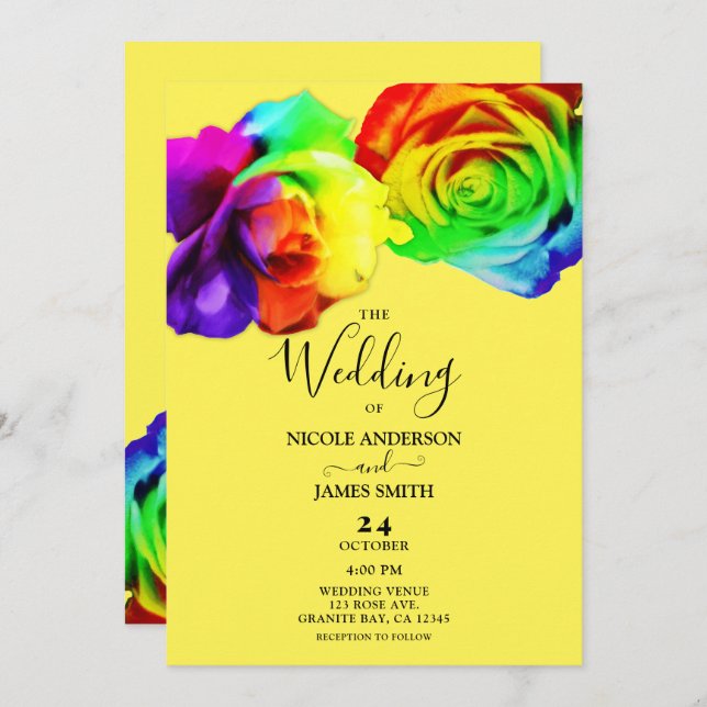 Colourful Rainbow Roses Bold Floral Wedding Invitation (Front/Back)