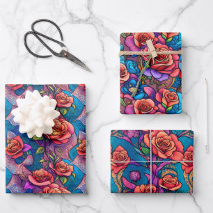 Colourful Rainbow Roses Flora Wrapping Paper