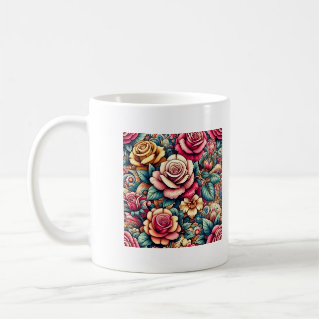 Colourful rainbow roses flowers coffee tea mug cup (Left)