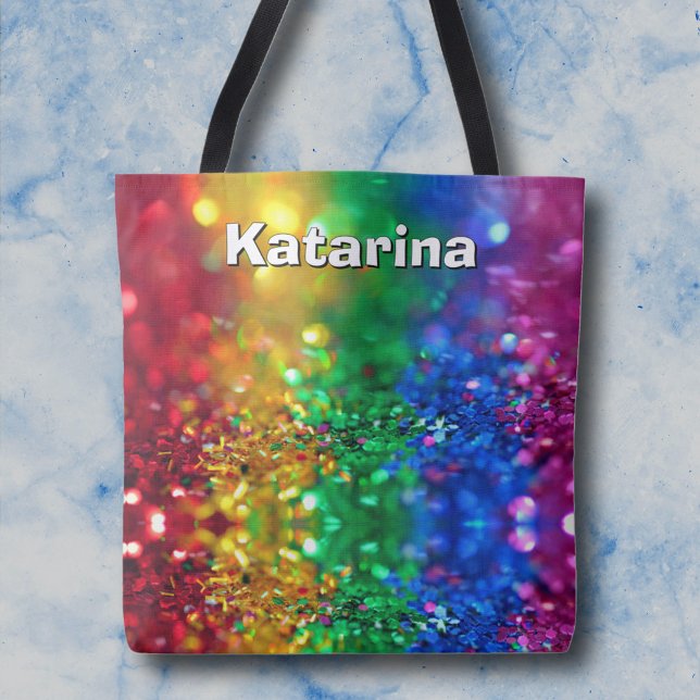 Colourful Rainbow Sequin Print Personalised Name Tote Bag (Creator Uploaded)