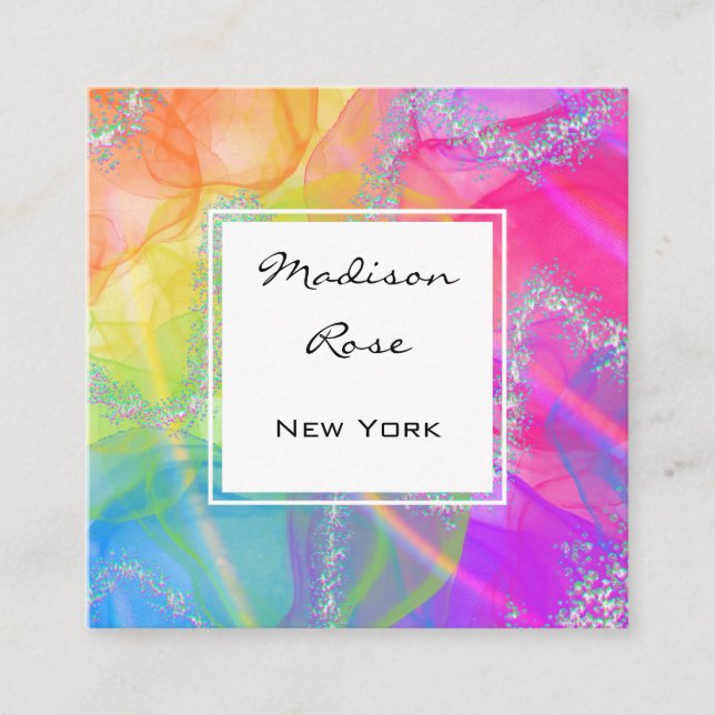 Colourful Rainbow Silver Holographic Luxury Modern Square Business Card (Front)
