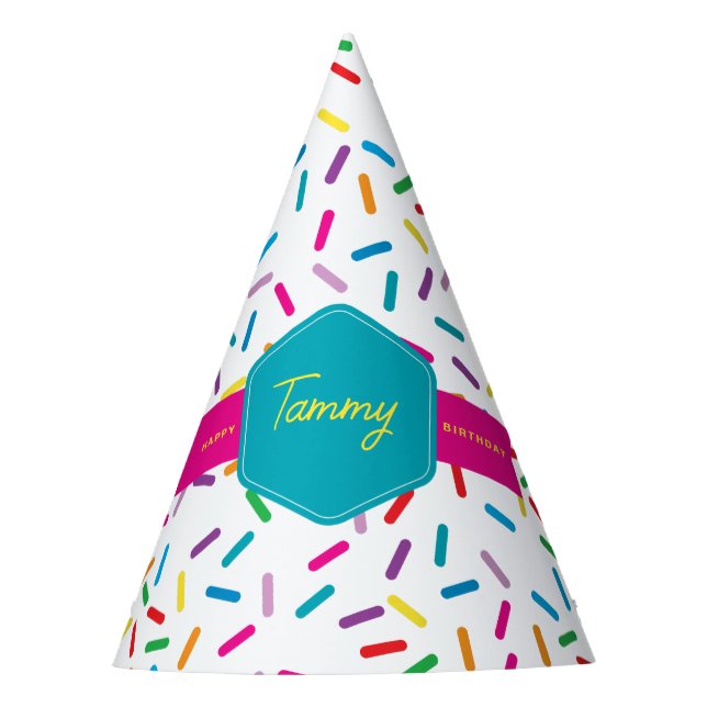 Colourful Rainbow Sprinkles Birthday Party Hat (Front)