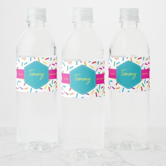 Colourful Rainbow Sprinkles Birthday Party Water Bottle Label (Bottles)